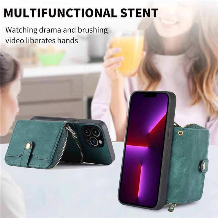 D3 for iPhone 13 Pro Case Zipper Pocket Leather Coated PC+TPU Kickstand Cover with Lanyard