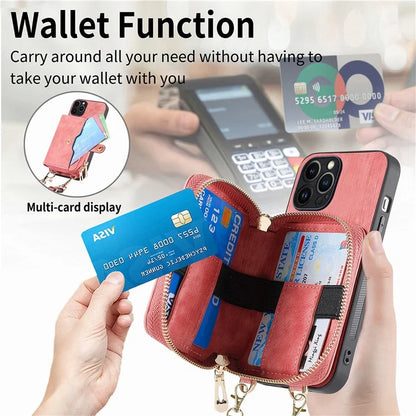 D3 for iPhone 13 Pro Case Zipper Pocket Leather Coated PC+TPU Kickstand Cover with Lanyard