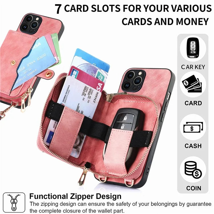 D3 for iPhone 13 Pro Case Zipper Pocket Leather Coated PC+TPU Kickstand Cover with Lanyard