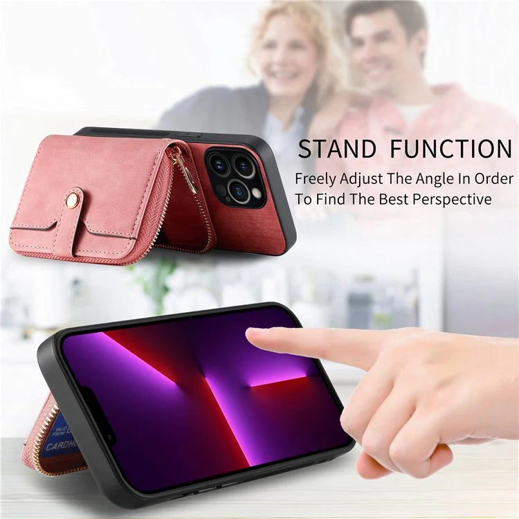 D3 for iPhone 13 Pro Case Zipper Pocket Leather Coated PC+TPU Kickstand Cover with Lanyard