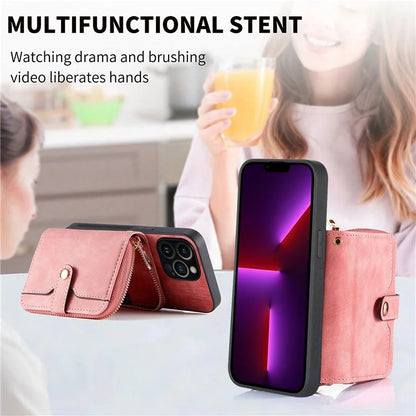 D3 for iPhone 13 Pro Case Zipper Pocket Leather Coated PC+TPU Kickstand Cover with Lanyard