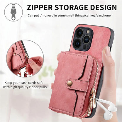 D3 for iPhone 13 Pro Case Zipper Pocket Leather Coated PC+TPU Kickstand Cover with Lanyard