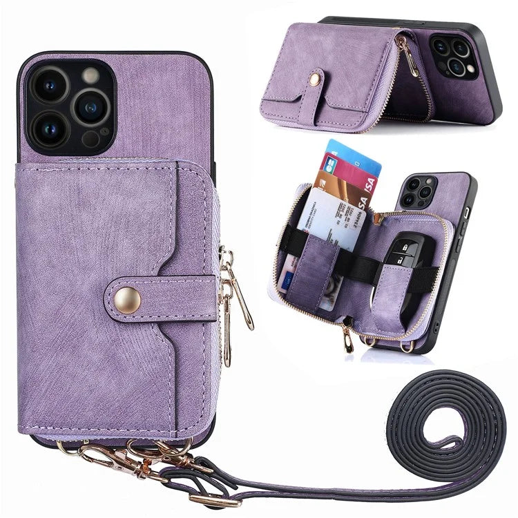 D3 for iPhone 13 Pro Case Zipper Pocket Leather Coated PC+TPU Kickstand Cover with Lanyard