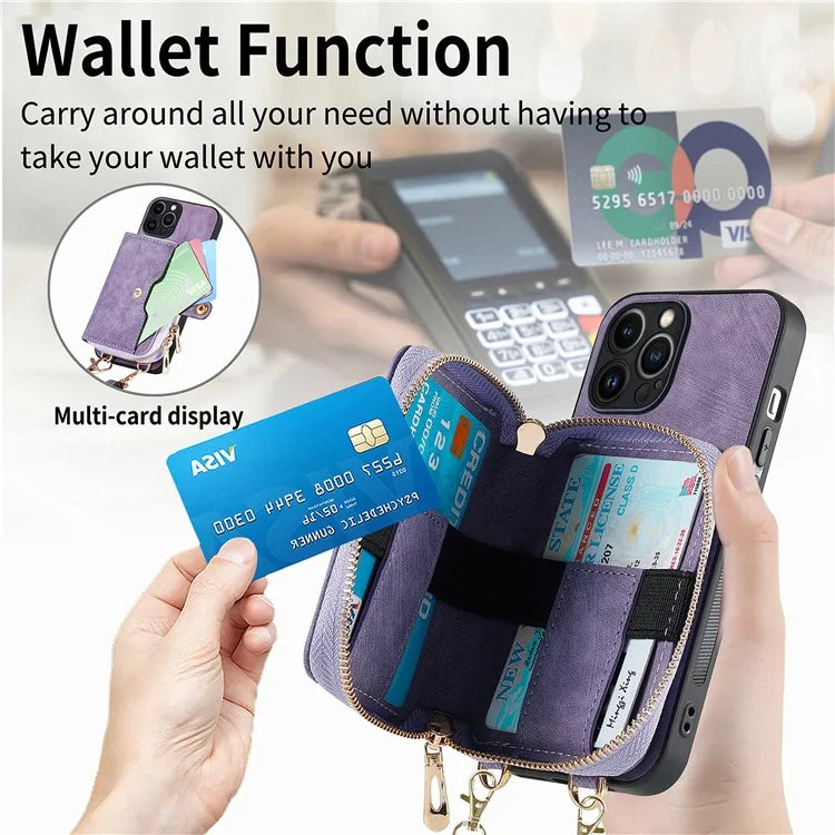 D3 for iPhone 13 Pro Case Zipper Pocket Leather Coated PC+TPU Kickstand Cover with Lanyard