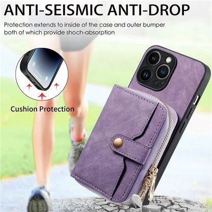 D3 for iPhone 13 Pro Case Zipper Pocket Leather Coated PC+TPU Kickstand Cover with Lanyard