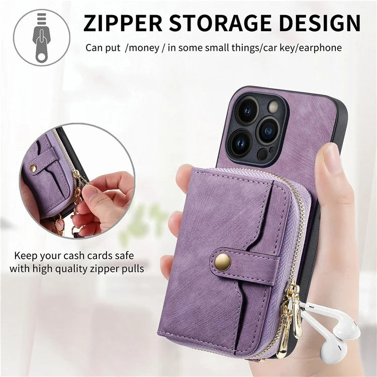 D3 for iPhone 13 Pro Case Zipper Pocket Leather Coated PC+TPU Kickstand Cover with Lanyard