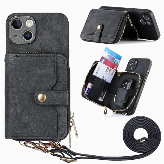 D3 For iPhone 13 Wallet Case Anti-Scratch PU+TPU+PC Phone Cover with Strap