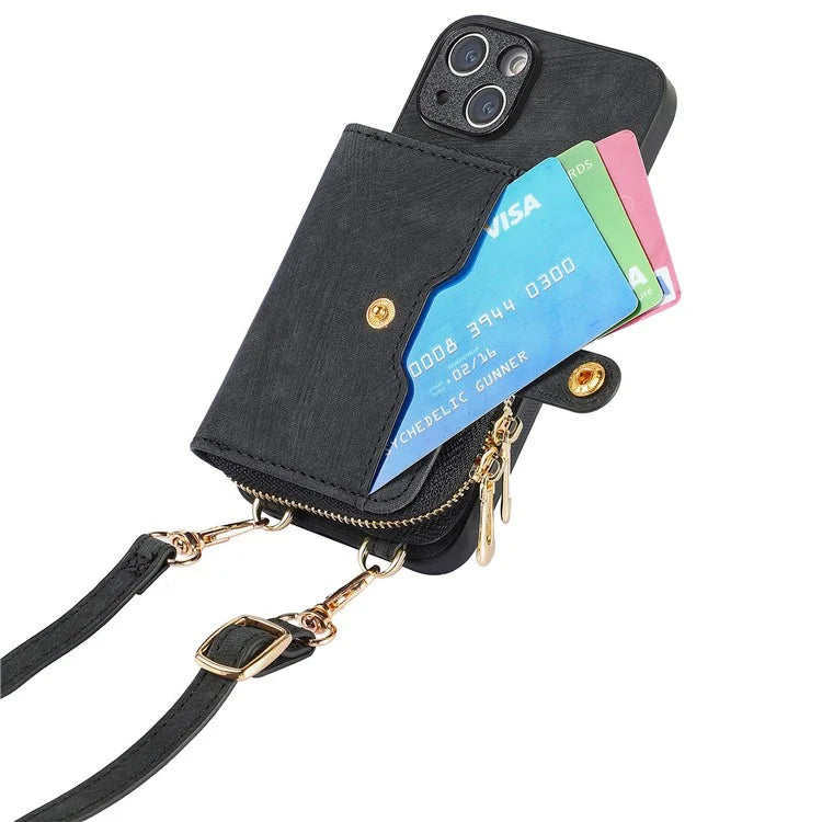 D3 For iPhone 13 Wallet Case Anti-Scratch PU+TPU+PC Phone Cover with Strap