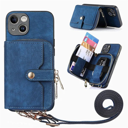 D3 For iPhone 13 Wallet Case Anti-Scratch PU+TPU+PC Phone Cover with Strap
