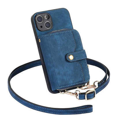 D3 For iPhone 13 Wallet Case Anti-Scratch PU+TPU+PC Phone Cover with Strap