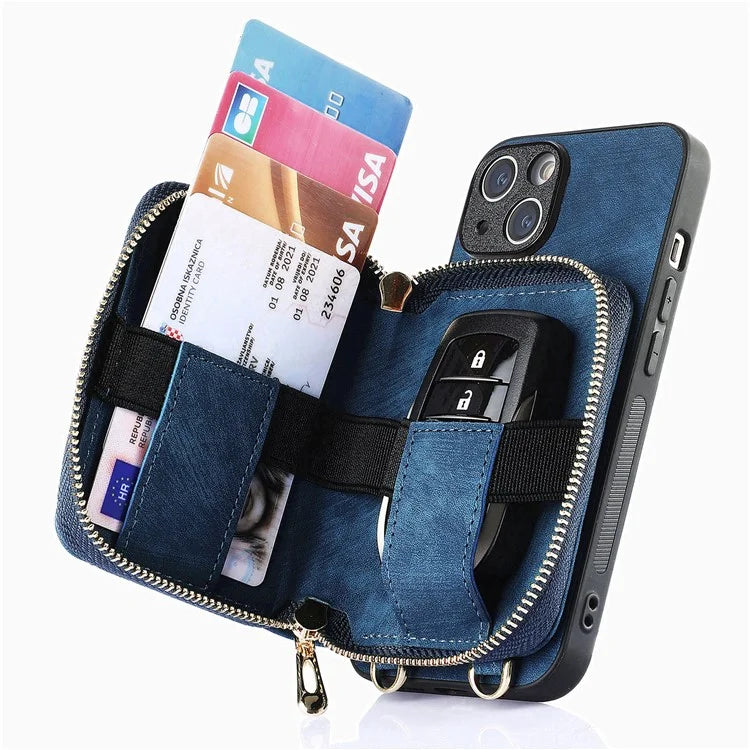 D3 For iPhone 13 Wallet Case Anti-Scratch PU+TPU+PC Phone Cover with Strap