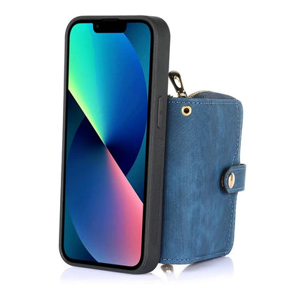 D3 For iPhone 13 Wallet Case Anti-Scratch PU+TPU+PC Phone Cover with Strap