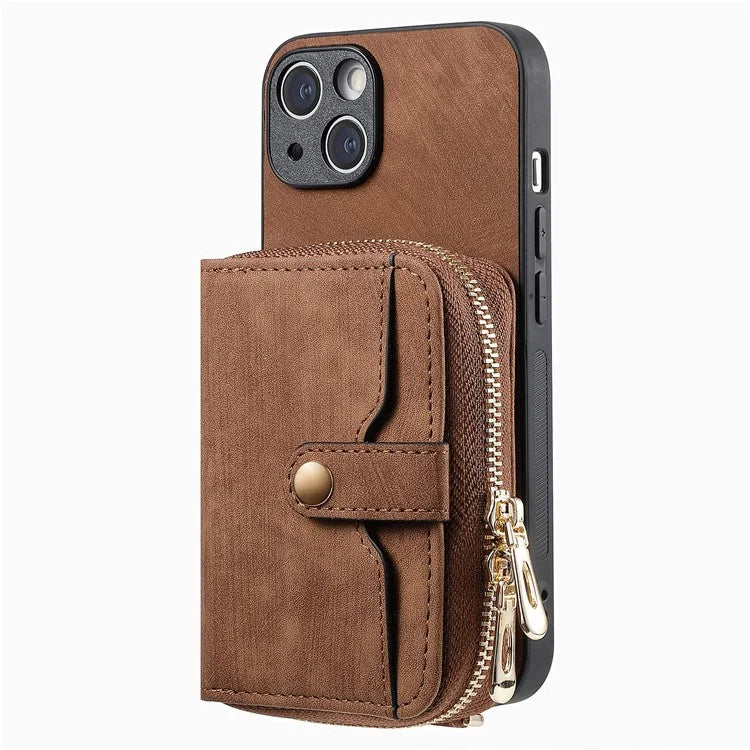 D3 For iPhone 13 Wallet Case Anti-Scratch PU+TPU+PC Phone Cover with Strap