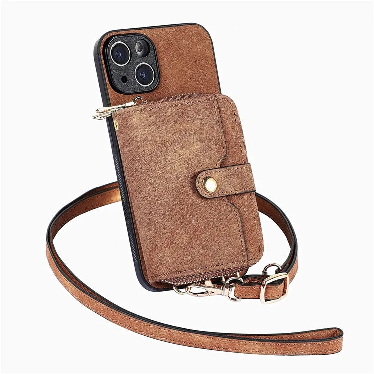 D3 For iPhone 13 Wallet Case Anti-Scratch PU+TPU+PC Phone Cover with Strap