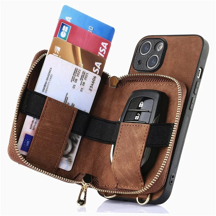 D3 For iPhone 13 Wallet Case Anti-Scratch PU+TPU+PC Phone Cover with Strap