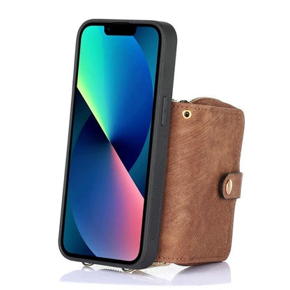 D3 For iPhone 13 Wallet Case Anti-Scratch PU+TPU+PC Phone Cover with Strap