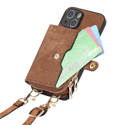 D3 For iPhone 13 Wallet Case Anti-Scratch PU+TPU+PC Phone Cover with Strap
