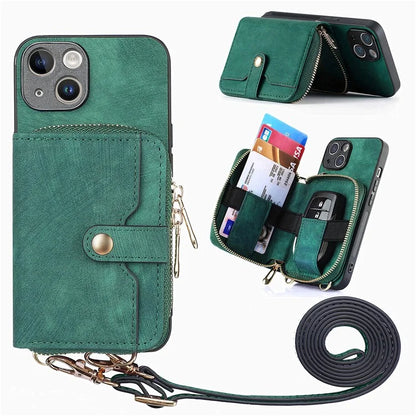 D3 For iPhone 13 Wallet Case Anti-Scratch PU+TPU+PC Phone Cover with Strap