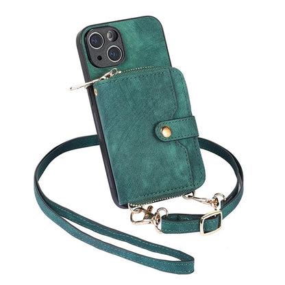 D3 For iPhone 13 Wallet Case Anti-Scratch PU+TPU+PC Phone Cover with Strap