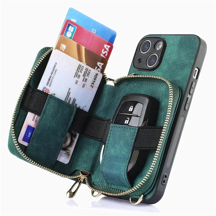 D3 For iPhone 13 Wallet Case Anti-Scratch PU+TPU+PC Phone Cover with Strap