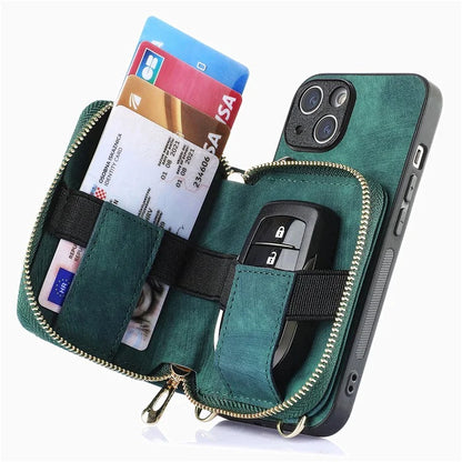 D3 For iPhone 13 Wallet Case Anti-Scratch PU+TPU+PC Phone Cover with Strap