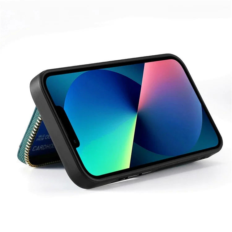 D3 For iPhone 13 Wallet Case Anti-Scratch PU+TPU+PC Phone Cover with Strap