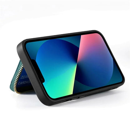 D3 For iPhone 13 Wallet Case Anti-Scratch PU+TPU+PC Phone Cover with Strap