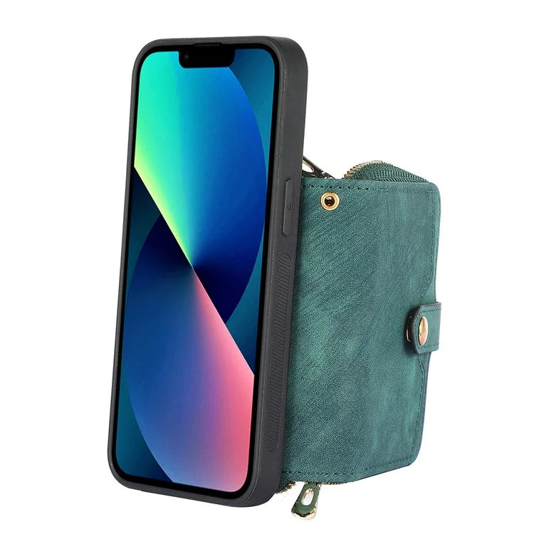D3 For iPhone 13 Wallet Case Anti-Scratch PU+TPU+PC Phone Cover with Strap