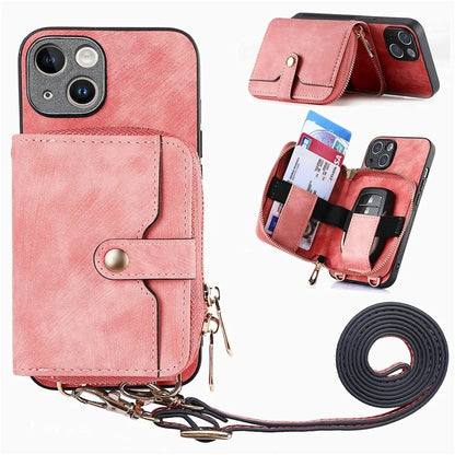 D3 For iPhone 13 Wallet Case Anti-Scratch PU+TPU+PC Phone Cover with Strap
