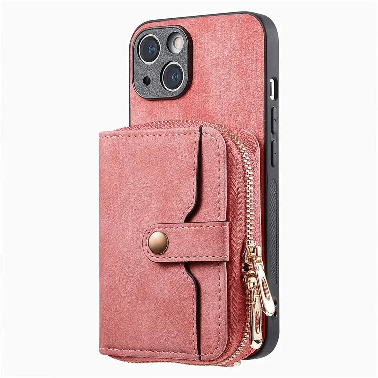 D3 For iPhone 13 Wallet Case Anti-Scratch PU+TPU+PC Phone Cover with Strap