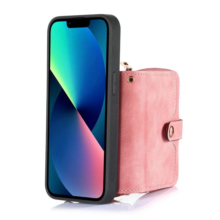 D3 For iPhone 13 Wallet Case Anti-Scratch PU+TPU+PC Phone Cover with Strap