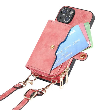 D3 For iPhone 13 Wallet Case Anti-Scratch PU+TPU+PC Phone Cover with Strap