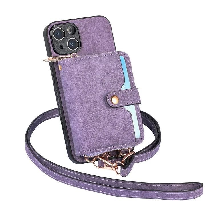 D3 For iPhone 13 Wallet Case Anti-Scratch PU+TPU+PC Phone Cover with Strap
