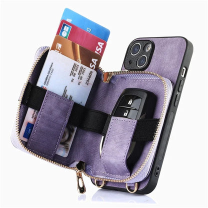 D3 For iPhone 13 Wallet Case Anti-Scratch PU+TPU+PC Phone Cover with Strap