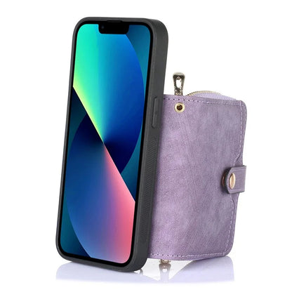 D3 For iPhone 13 Wallet Case Anti-Scratch PU+TPU+PC Phone Cover with Strap