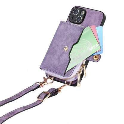 D3 For iPhone 13 Wallet Case Anti-Scratch PU+TPU+PC Phone Cover with Strap