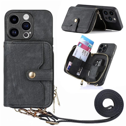 D3 For iPhone 14 Pro Max Case with Long Strap Bump Proof Leather+TPU+PC iPhone Cover
