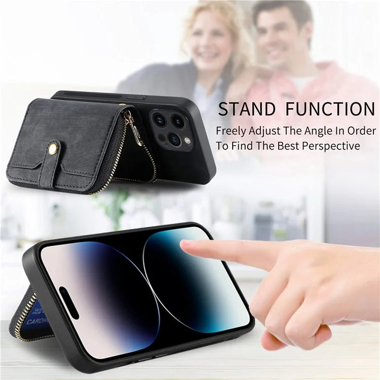 D3 For iPhone 14 Pro Max Case with Long Strap Bump Proof Leather+TPU+PC iPhone Cover