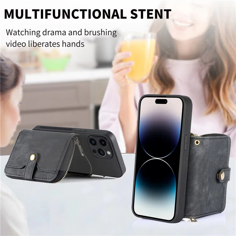 D3 For iPhone 14 Pro Max Case with Long Strap Bump Proof Leather+TPU+PC iPhone Cover