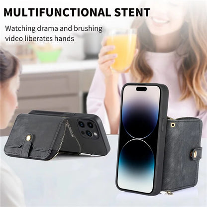 D3 For iPhone 14 Pro Max Case with Long Strap Bump Proof Leather+TPU+PC iPhone Cover