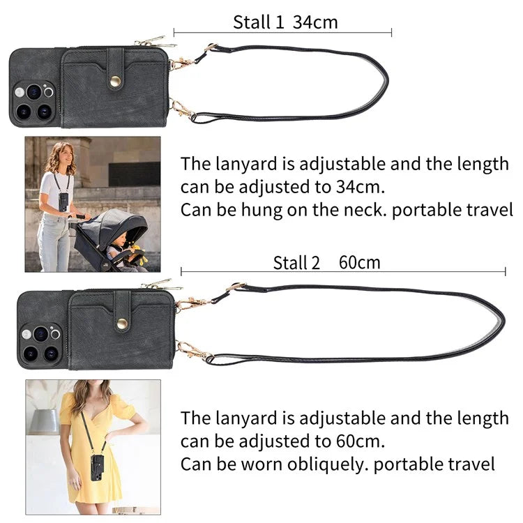 D3 For iPhone 14 Pro Max Case with Long Strap Bump Proof Leather+TPU+PC iPhone Cover