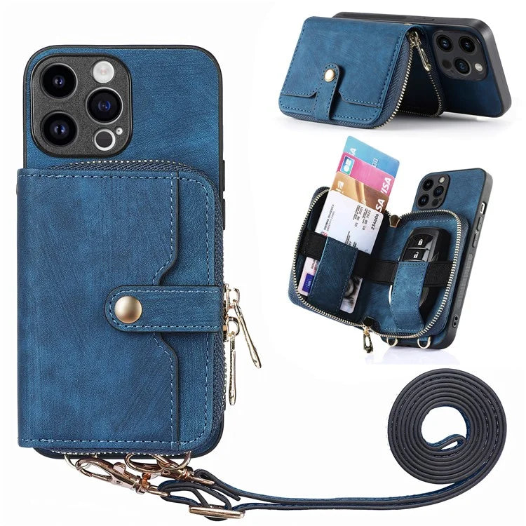 D3 For iPhone 14 Pro Max Case with Long Strap Bump Proof Leather+TPU+PC iPhone Cover