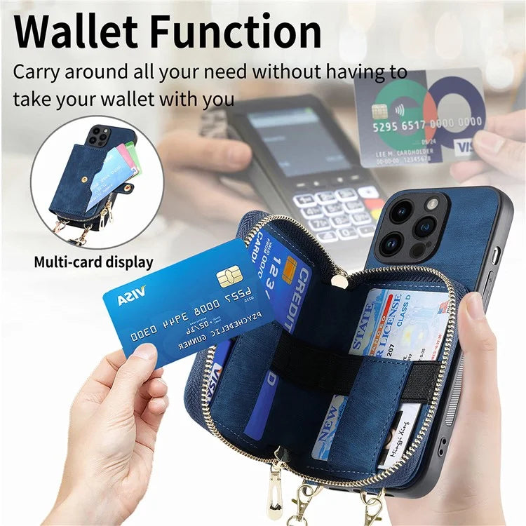 D3 For iPhone 14 Pro Max Case with Long Strap Bump Proof Leather+TPU+PC iPhone Cover