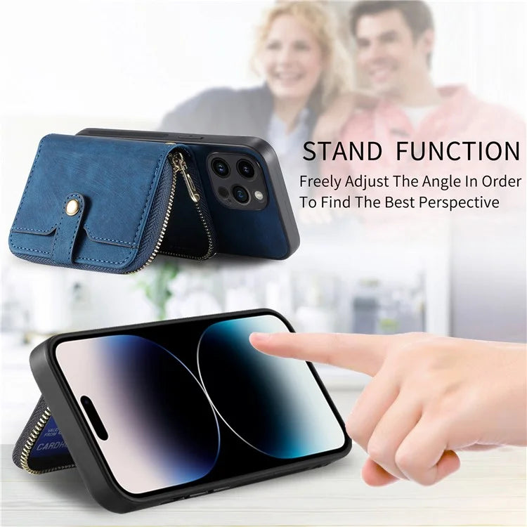D3 For iPhone 14 Pro Max Case with Long Strap Bump Proof Leather+TPU+PC iPhone Cover