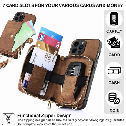 D3 For iPhone 14 Pro Max Case with Long Strap Bump Proof Leather+TPU+PC iPhone Cover