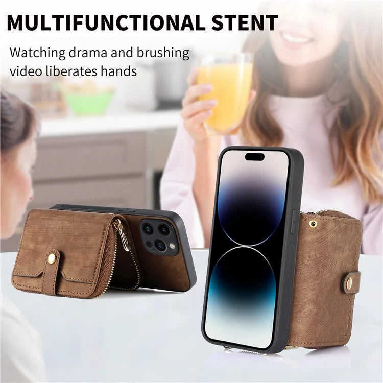 D3 For iPhone 14 Pro Max Case with Long Strap Bump Proof Leather+TPU+PC iPhone Cover