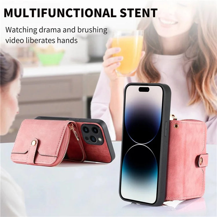 D3 For iPhone 14 Pro Max Case with Long Strap Bump Proof Leather+TPU+PC iPhone Cover