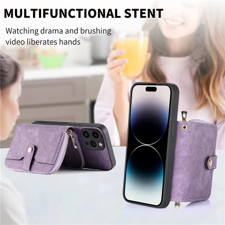 D3 For iPhone 14 Pro Max Case with Long Strap Bump Proof Leather+TPU+PC iPhone Cover