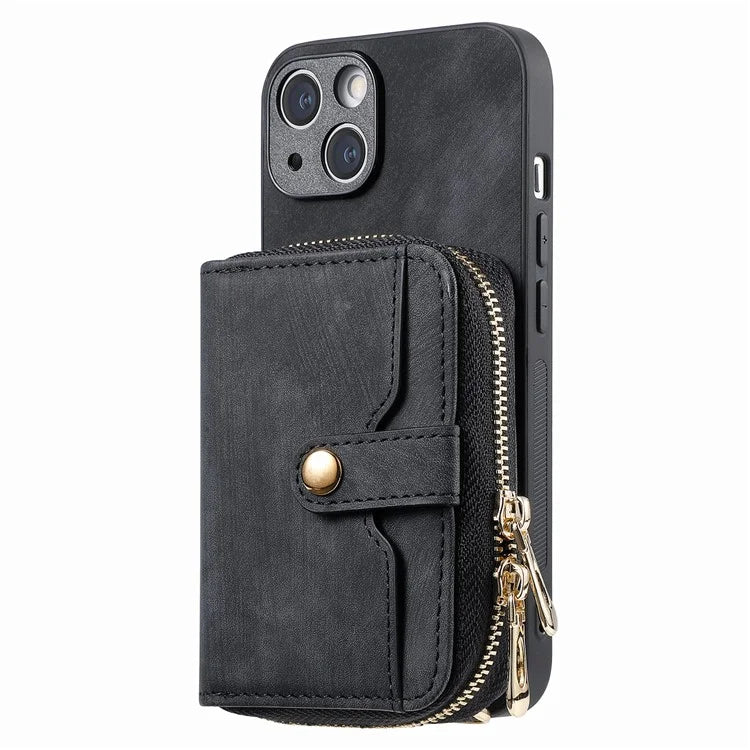 D3 for iPhone 14 Case Card Holder Slots Zipper Pocket Leather Back Cover with Lanyard