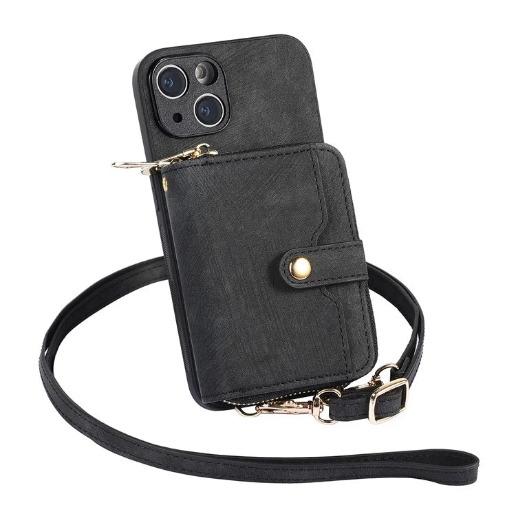 D3 for iPhone 14 Case Card Holder Slots Zipper Pocket Leather Back Cover with Lanyard